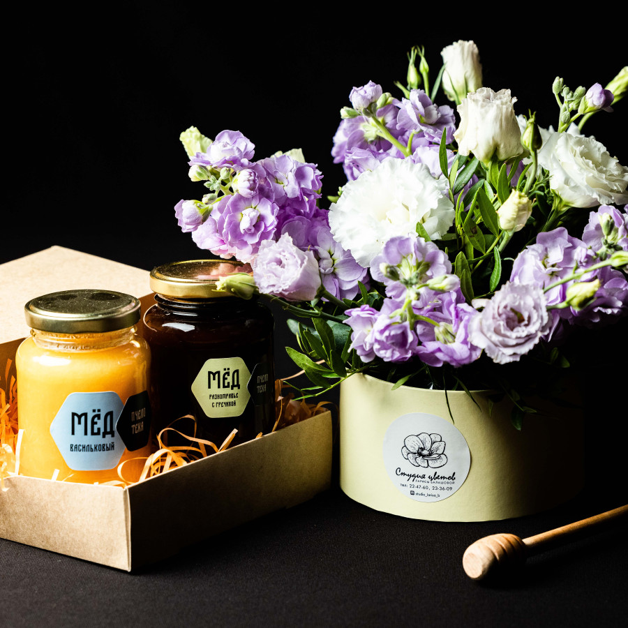 Подарочный набор 2 баночки по 0.35 кг Мед Липовый/разнотравье с гречихой/цветочная композиция